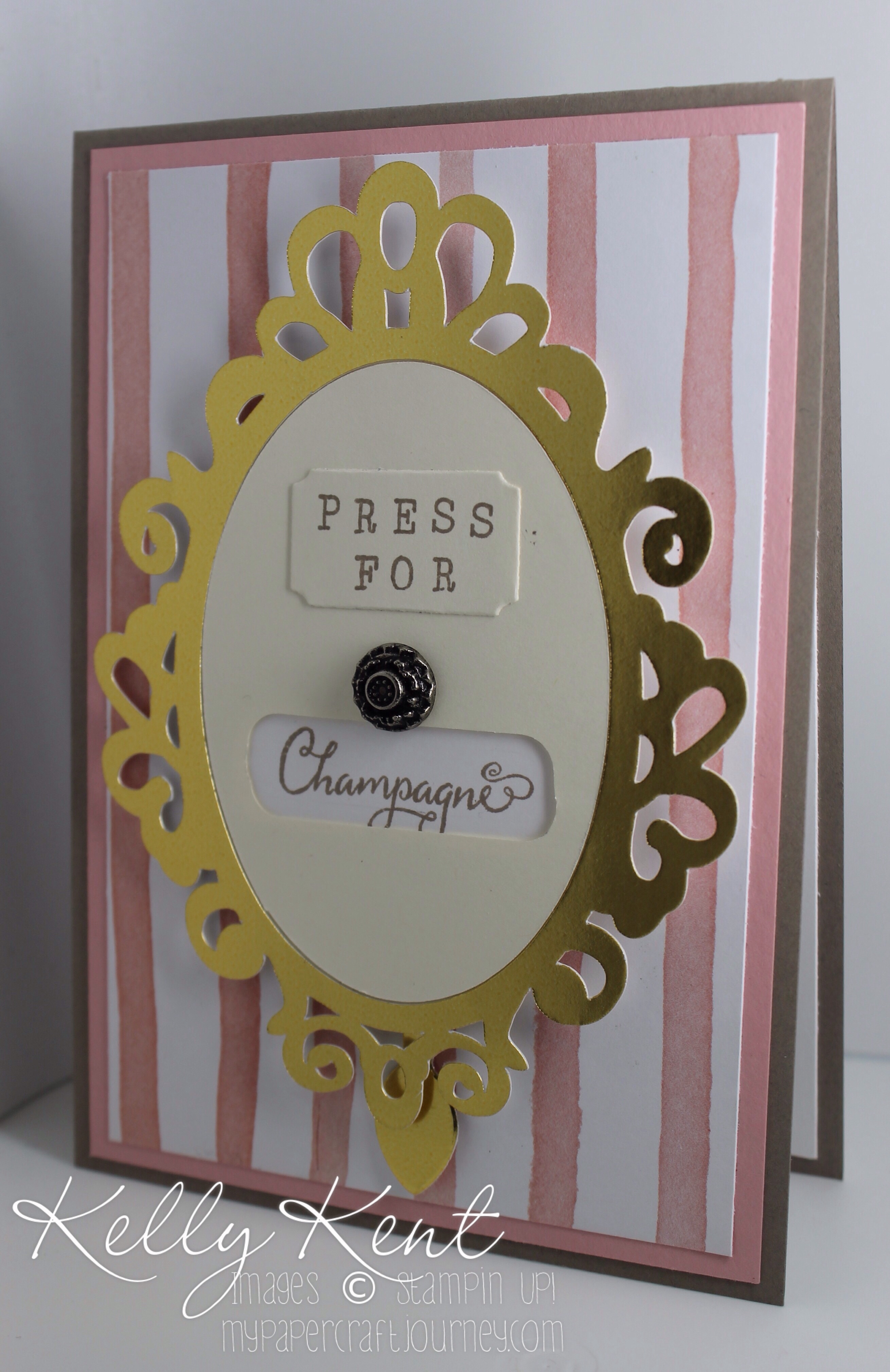 Press for Champagne Rotating Birthday Card. Balloon Builders stamp set & Birthday Bouquet DSP. Kelly Kent - mypapercraftjourney.com.