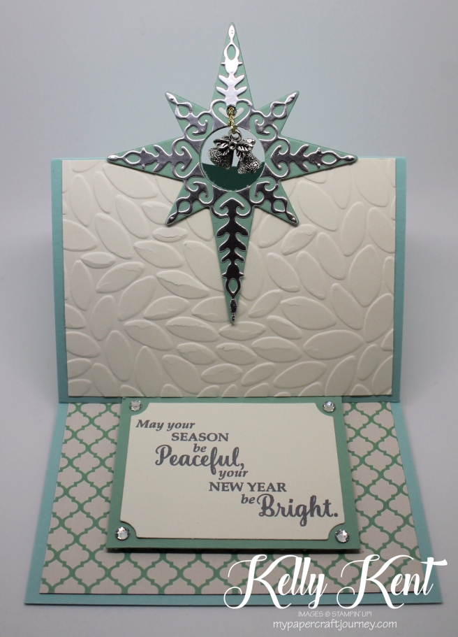 ESAD Blog Hop - 2016 Holiday Catalogue. Christmas Trinket Easel Card featuring Star of Light stamp set, Starlight Thinlits, Christmas Trinkets and Petals & Posies DSP. Full instructions included. Kelly Kent - mypapercraftjourney.com.