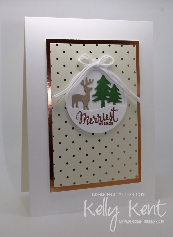 CASEing the Catty #100 - Presents & Pine Cones. Merriest Wishes tag cards. Kelly Kent -mypapercraftjourney.com.